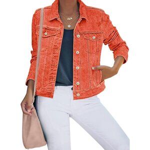 Women's Button Down Stretch Fitted Long Sleeves Denim Jean Jacket Orangeade